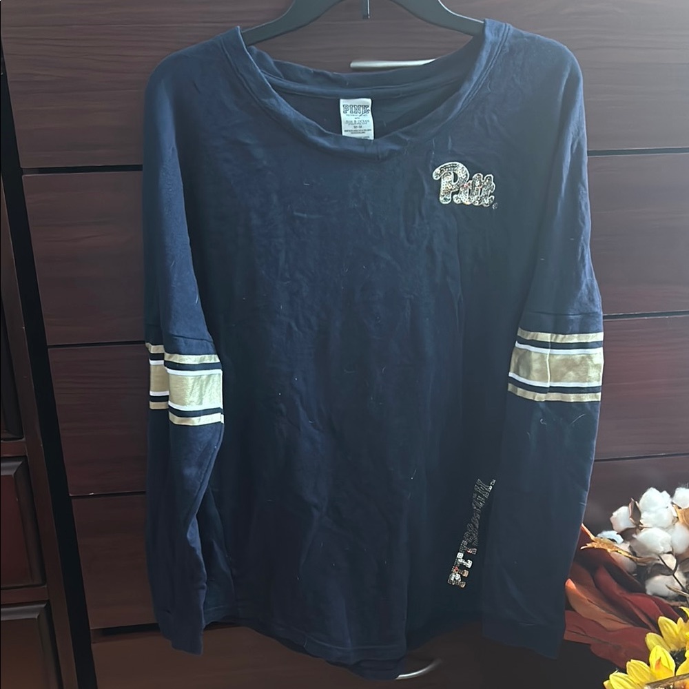 Pink Pitt Navy Long Sleeve Shirt with Bling Logo